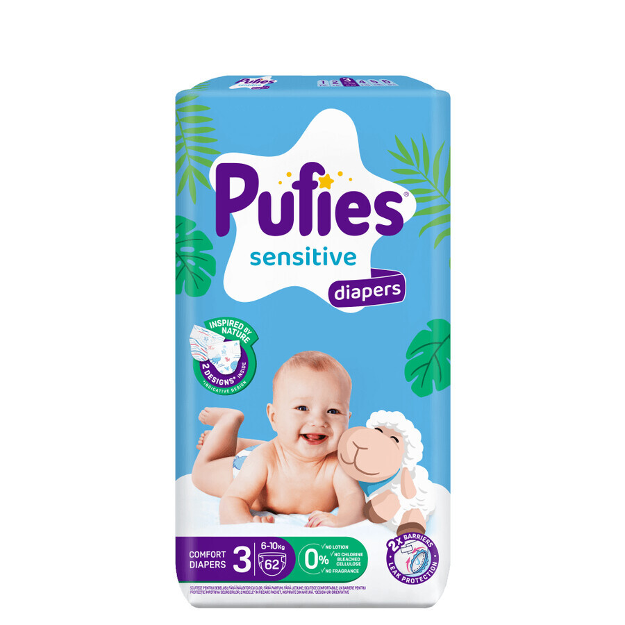 Sensitive diapers, Nr 3. 6-10 kg, 62 pieces, Pufies