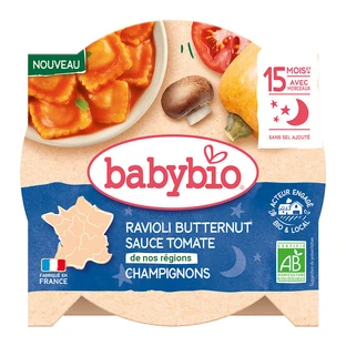 Menu Biologische ravioli met tomaten- en champignonsaus, + 15 maanden, 190 g, BabyBio