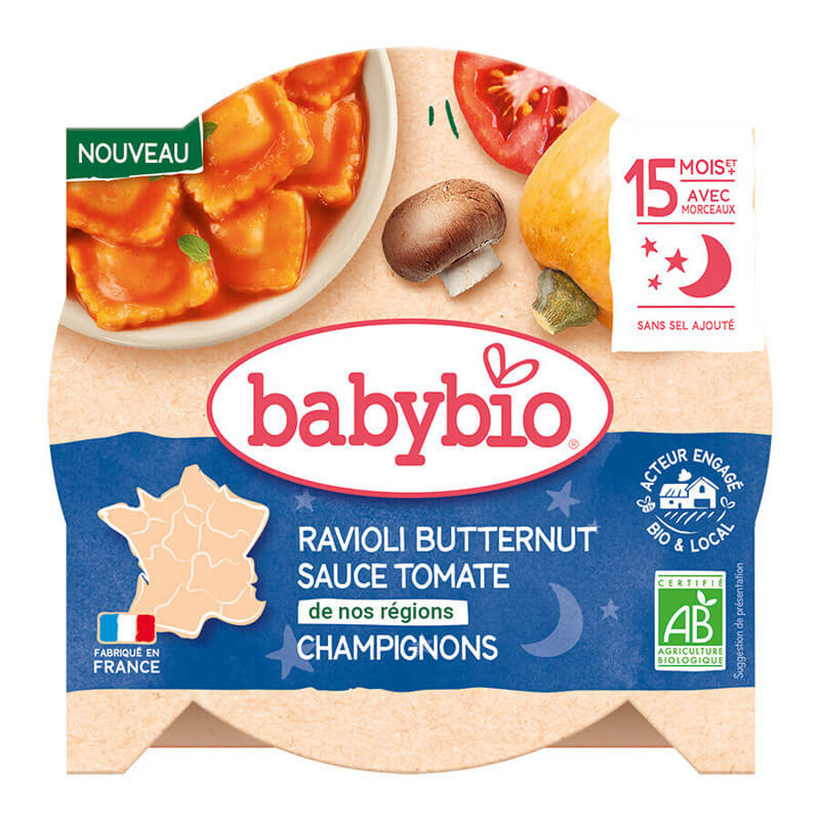 Menu Raviolis bio à la sauce tomate et aux champignons, + 15 mois, 190 g, BabyBio