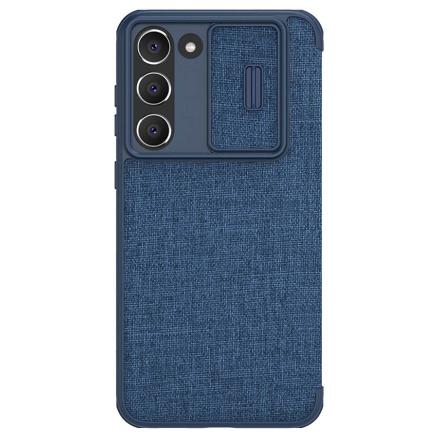 Nillkin Qin Cloth Pro Fall Samsung Galaxy S23+ Fall mit Flip Cover Kamera Abdeckung blau