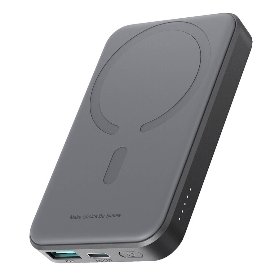 Joyroom Powerbank JR-W020 Mini 5000mAh USB-A USB-C induktiv 20W - schwarz + USB-C / USB-C Kabel