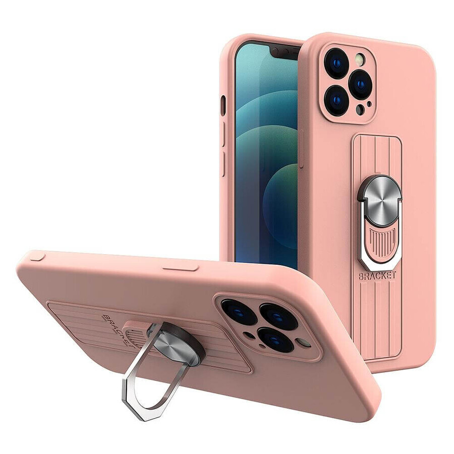 Ring Case étui en silicone avec grip pour les doigts et support pour iPhone 13 Pro Max rose