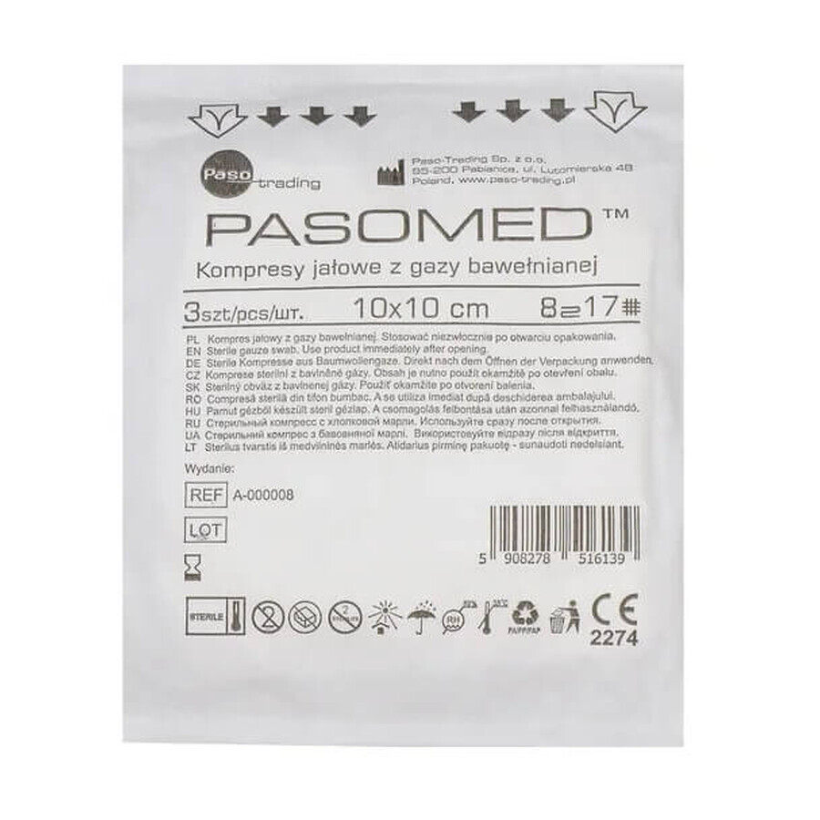 Pasomed Compresses de gaze en coton stériles, 17 fils, 8 couches, 10 cm x 10 cm, 3 pièces