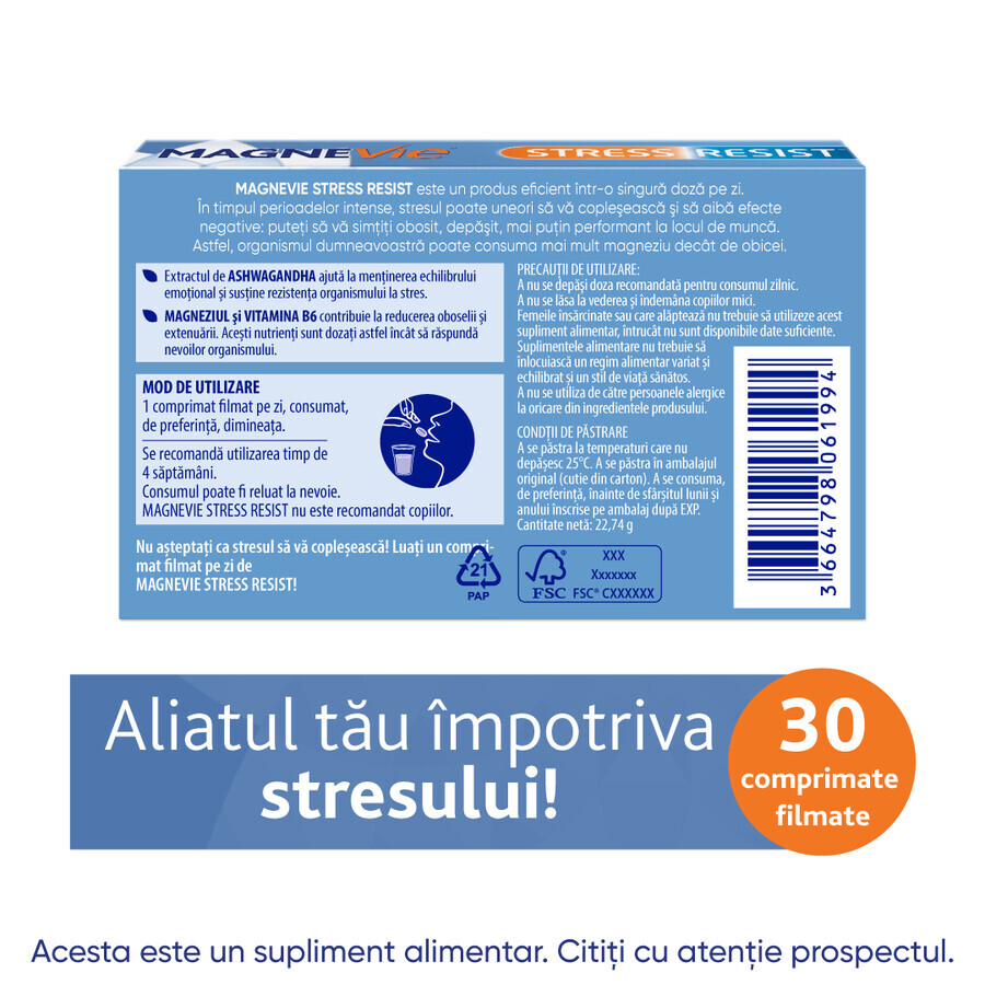 MagneVie Stress Resist with Ashwaghanda 80mg + 60 mg magnesium + 1.4mg vitamin B6, nervous system and stress resistance, 4x30 tablets