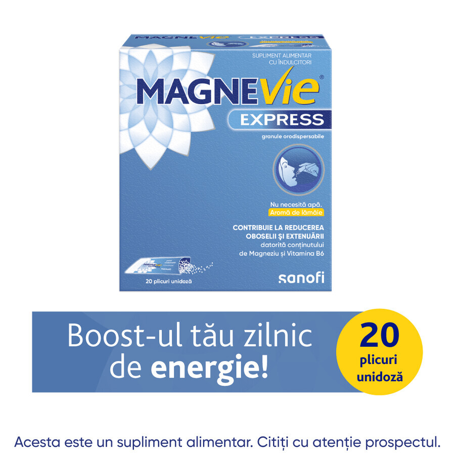 MagneVie Express, 150 mg magnesium + 0.7mg vitamin B6, extra energy, waterless administration, 2x20 sachets
