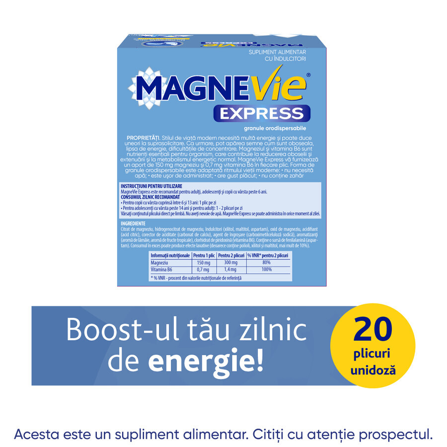 MagneVie Express, 150 mg magnesium + 0.7mg vitamin B6, extra energy, waterless administration, 2x20 sachets