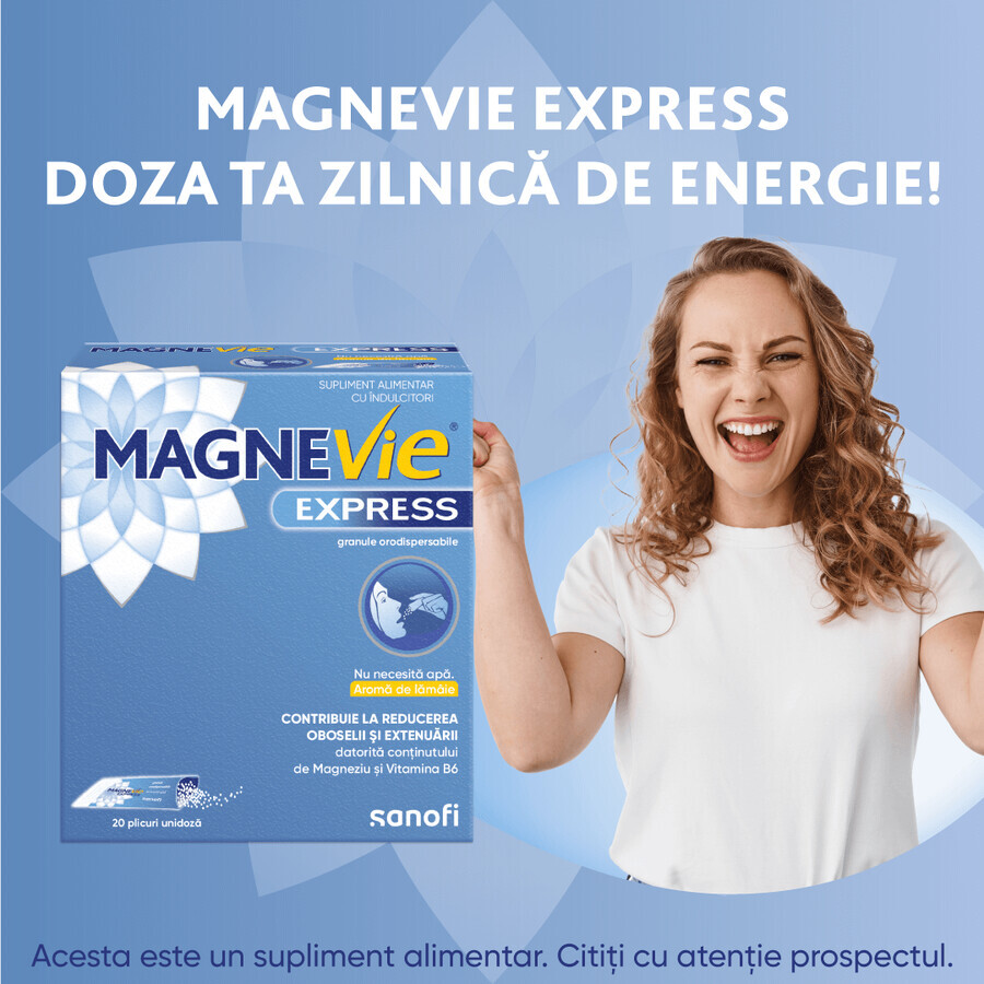 MagneVie Express, 150 mg magnesium + 0.7mg vitamin B6, extra energy, waterless administration, 2x20 sachets