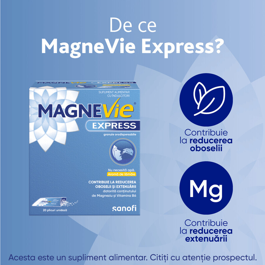MagneVie Express, 150 mg magnesium + 0.7mg vitamin B6, extra energy, waterless administration, 2x20 sachets