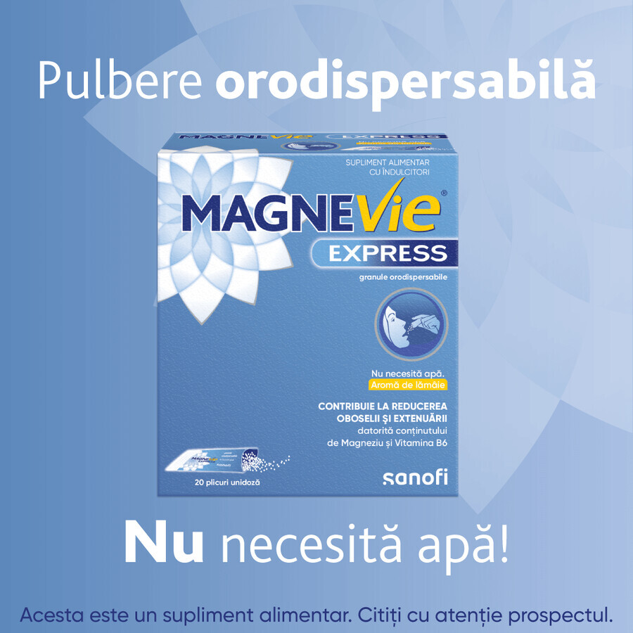 MagneVie Express, 150 mg magnesium + 0.7mg vitamin B6, extra energy, waterless administration, 2x20 sachets