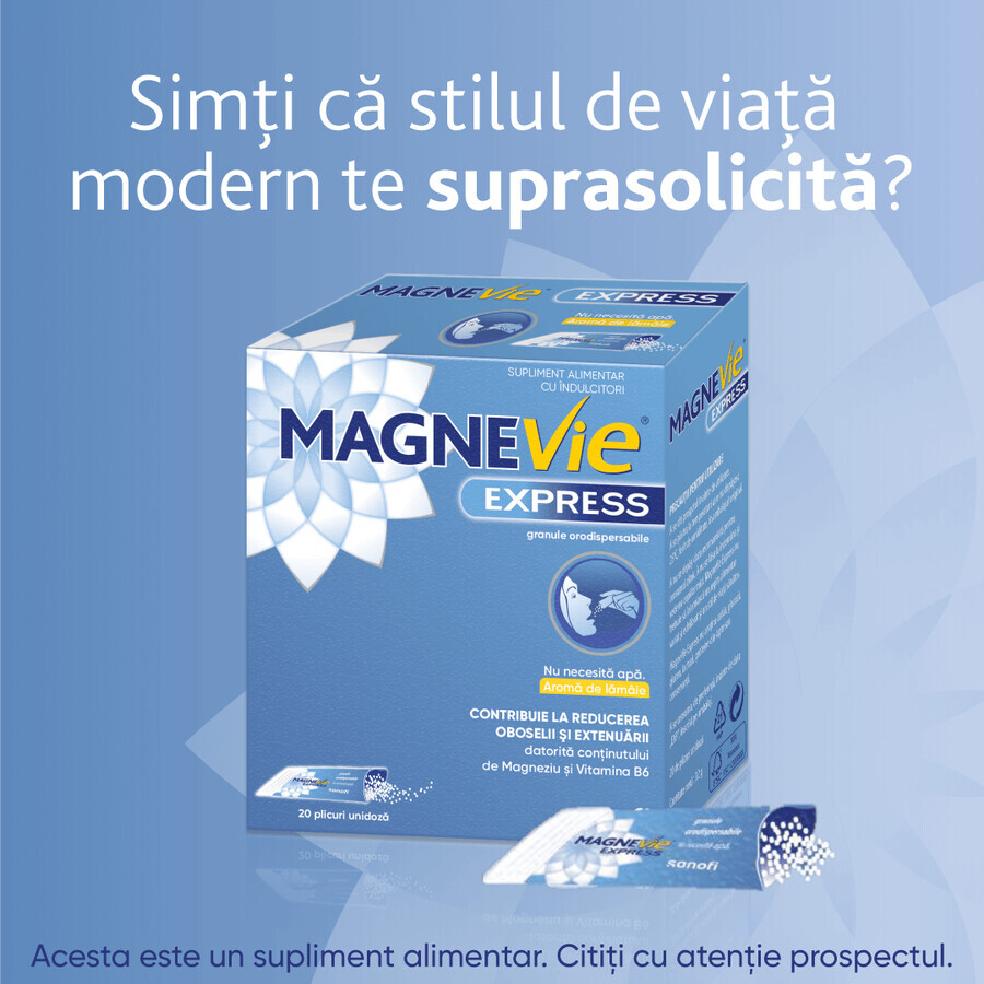 MagneVie Express, 150 mg magnesium + 0.7mg vitamin B6, extra energy, waterless administration, 2x20 sachets