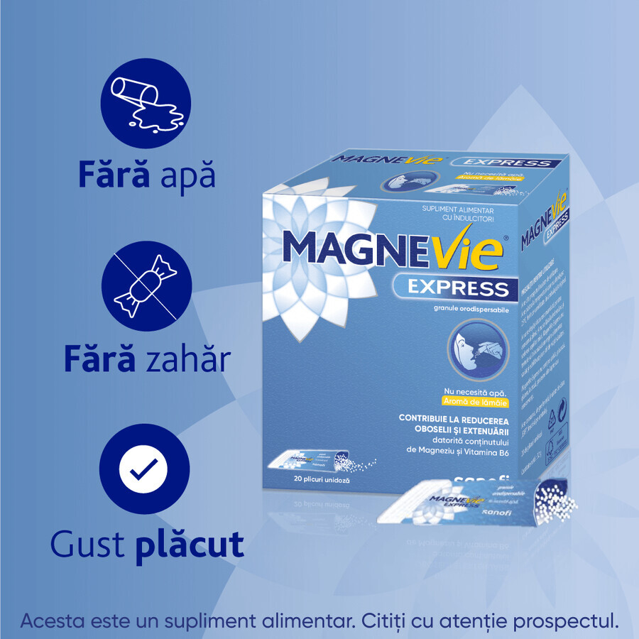 MagneVie Express, 150 mg magnesium + 0.7mg vitamin B6, extra energy, waterless administration, 2x20 sachets