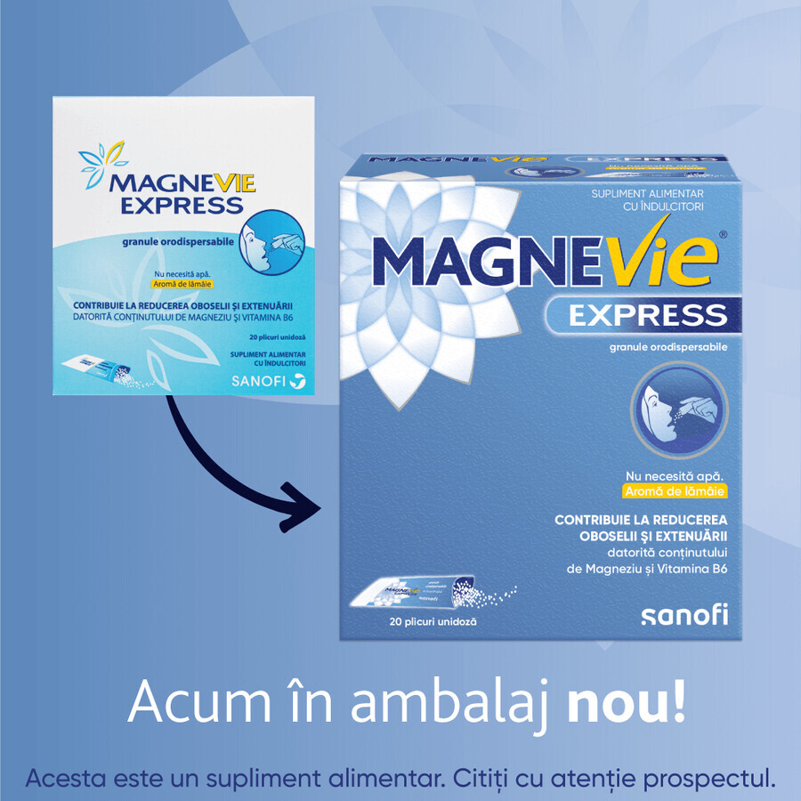 MagneVie Express, 150 mg magnesium + 0.7mg vitamin B6, extra energy, waterless administration, 2x20 sachets