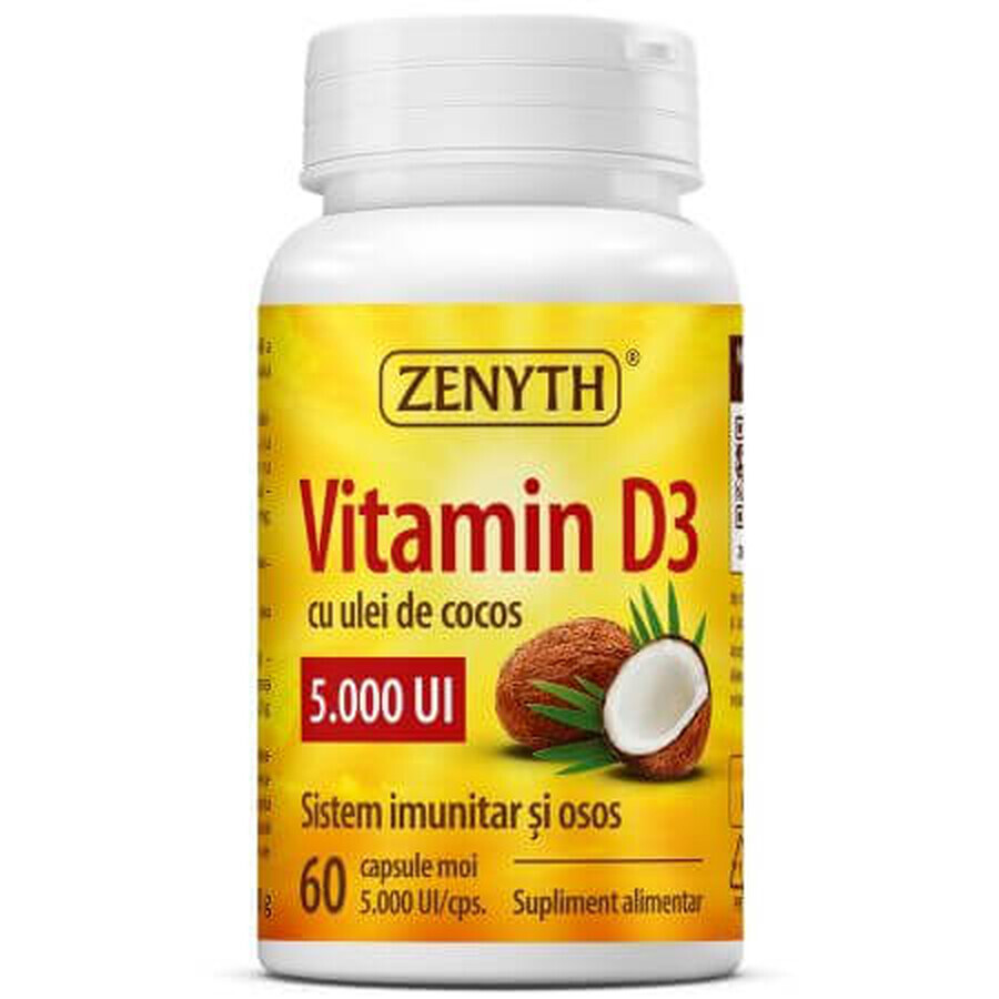 Vitamine D3 à l'huile de coco, 5000 UI, 60 gélules, Zenyth