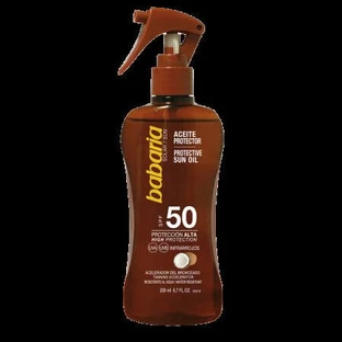 Olio solare spray con SPF50 e acceleratore di abbronzatura al gusto di cocco, 200 ml, Babaria