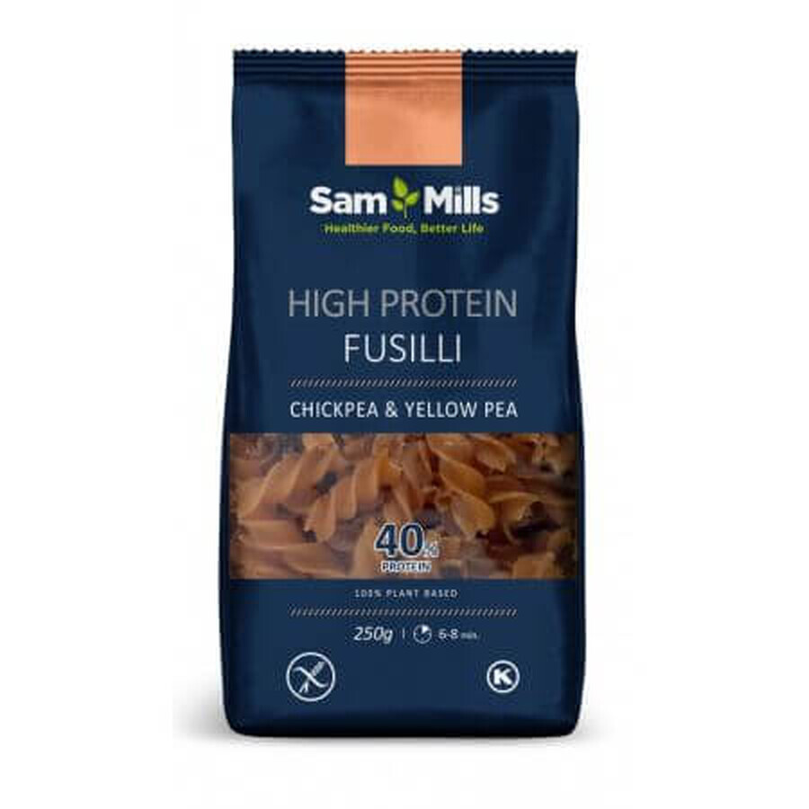 Pâtes Fusilli hyperprotéinées au poulet et aux pois jaunes hyperprotéinées, 250 g, Sam Mills