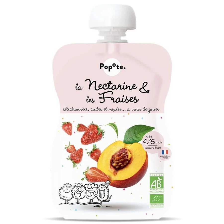 Purée bio de nectarines et de fraises, 4-6 mois, 120 g, Popote