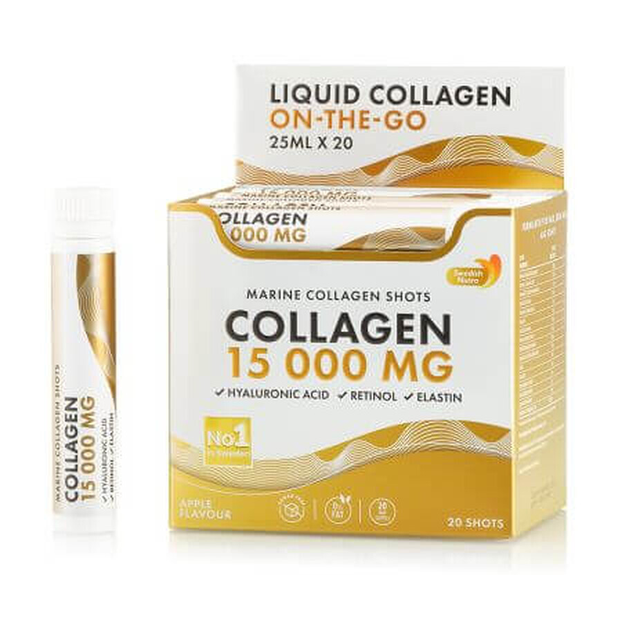 Hydrolyzed Liquid Marine Collagen Type 1 and 3 15.000 mg + Hyaluronic Acid 50 mg + Retinol 800 mcg, 25 ml x 20, Swedish Nutra