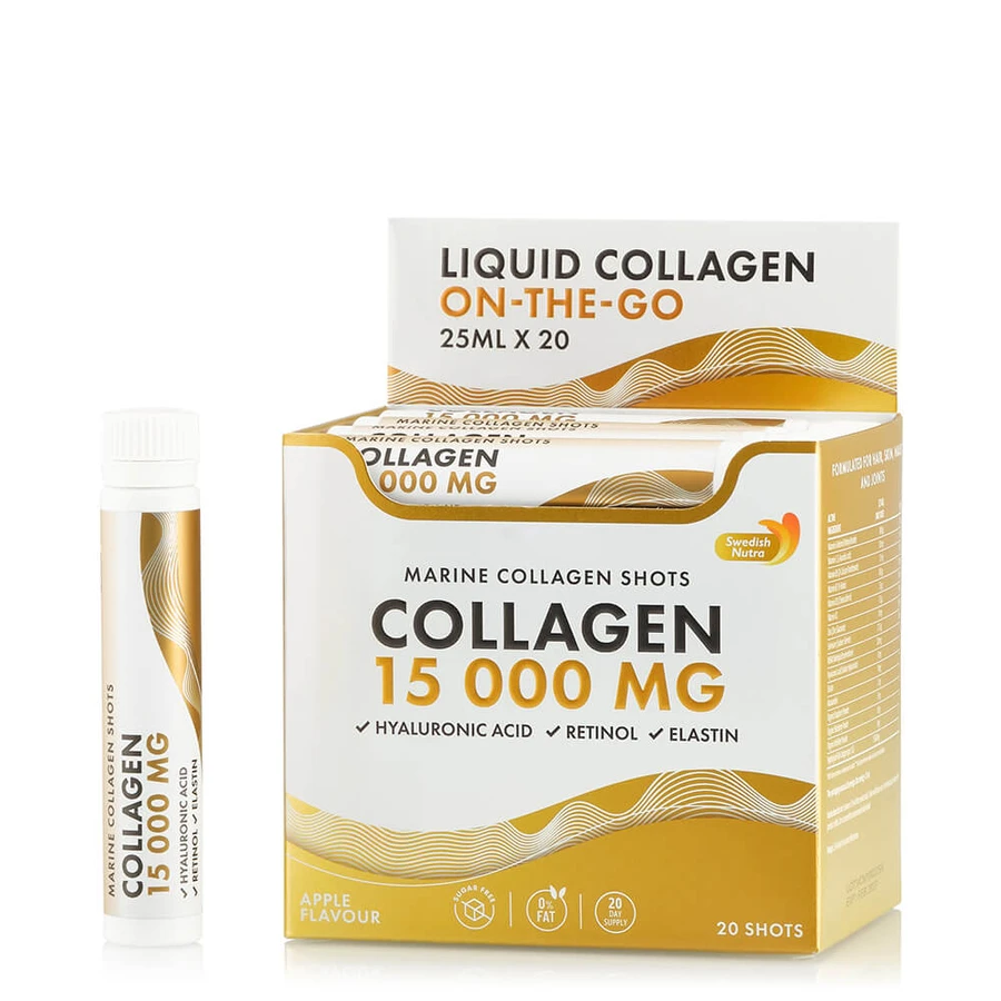 Collagène marin hydrolysé liquide de type 1 et 3 15 000 mg + acide hyaluronique 50 mg + rétinol 800 mcg, 25 ml x 20, Swedish Nutra