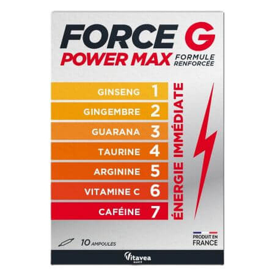 Dietary supplement based on plant extracts, vitamin C, amino acids and caffeine Force G Power Max, 10 x 10 ml, Vitavea