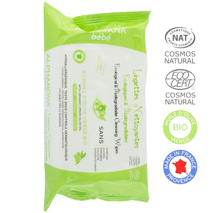 Alphanova Bébé Bebe Biodegradable Olive Wipes X60
