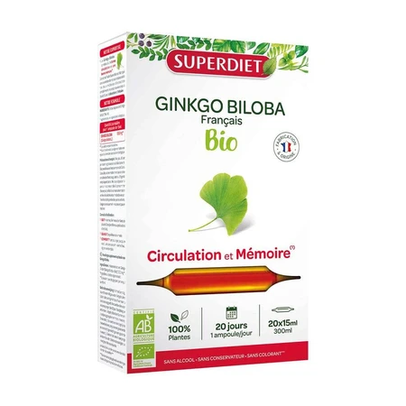 Superdiet Ginkgo Biloba Bio Circulation Et Mémoire 20 Ampoules