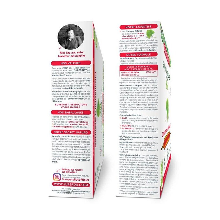 Superdiet Ginkgo Biloba Circulation Et Mémoire 20 Ampules Circulation Et Mémoire 300ml
