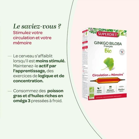 Superdiet Ginkgo Biloba Bio Circulation Et Mémoire 20 Ampoules
