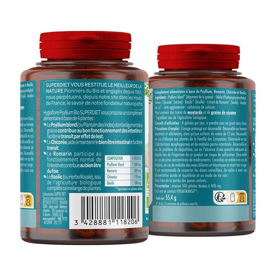 Superdiet Hygiaflore Psyllium Bio 100 Gélules