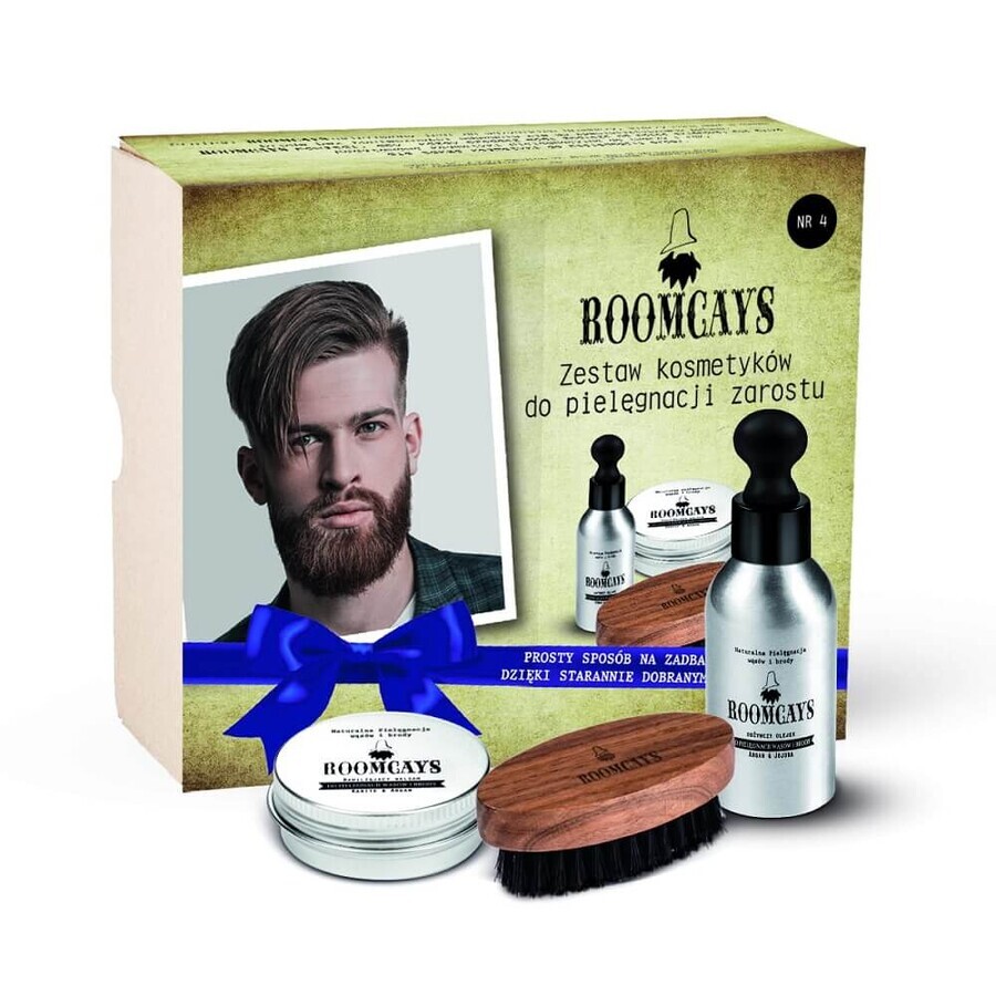 Roomcays Set #4 cosmetici da uomo olio per la barba, 50 ml + balsamo per la barba, 30 ml + spazzola per la barba
