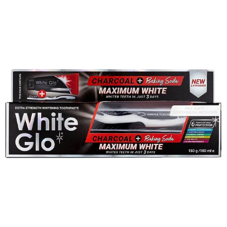 White Glo Charcoal + Baking Soda Maximum White Toothpaste Whitening toothpaste 150 g + brush