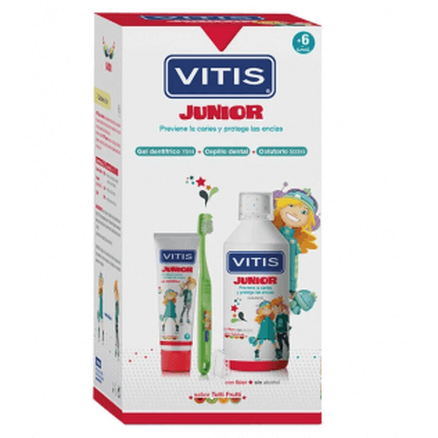 Vitis Junior PACK Collutorio in pasta 50ml + Dentifricio 75ml + Spazzolino da denti