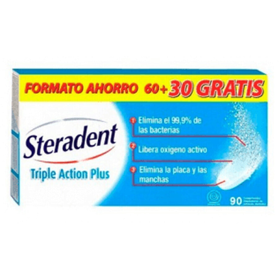Steradent Pulitore e detergente per dentiere 3 n 1, 60 compresse + 30 compresse in omaggio