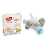Pakketaanbieding, Welkom in de wereld, Elite Zachte luiers Nr. 1 Mega, 3-5 kg, 82 stuks, Huggies en Olifant pluche knuffel met Ultra Zachte Soother, SCF348/13, 0-6 maanden, Philips Avent