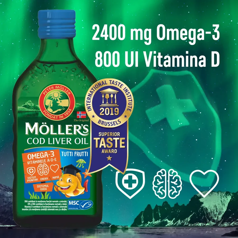 Omega 3 aceite de hígado de bacalao con sabor tutti-frutti para niños, 250 ml, Möller's