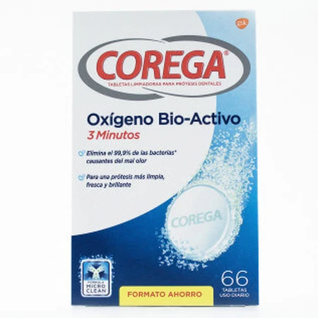 Corega Oxígeno Bio-Activo 3 Minutos Limpieza Prótesis Dental Tabletas, 46Uds+REGALO 20Uds