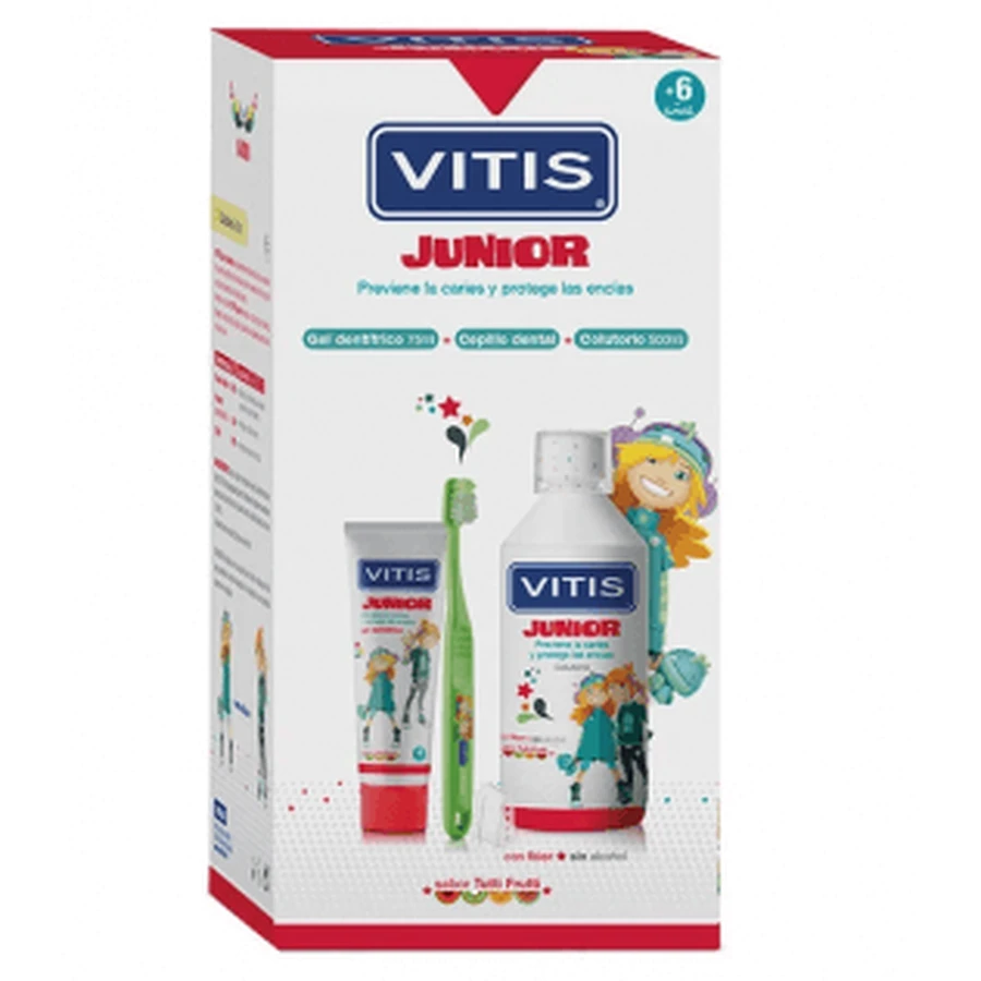 PACK Vitis Junior Bain de bouche en pâte 50ml + Dentifrice 75ml + Brosse à dents
