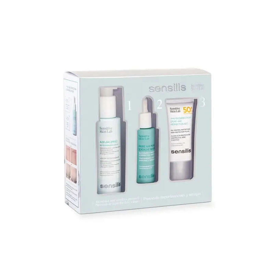 Sensilis Unvollkommenheiten und Falten Protokoll Pack Pure Age Serum 30ml+ Azelaic Peel 100ml+ Photo Pure Age 50+ 15 ml
