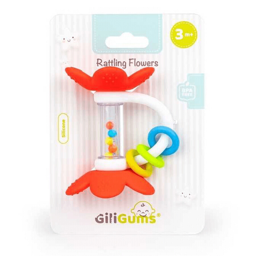 Dumel GiliGums, hochet avec anneau de dentition, Fleurs rouges, à partir de 3 mois, 1 pièce