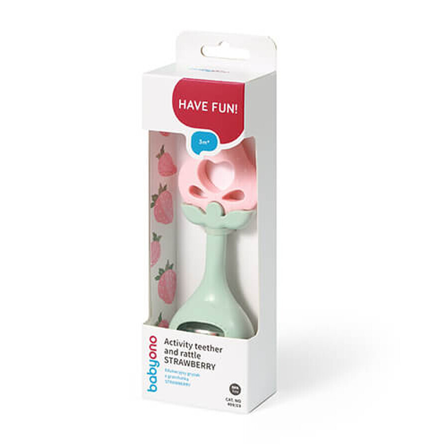BabyOno, educational teether with a rattle, strawberry, from 3 months, 1 piece DAMAGED PACKAGE