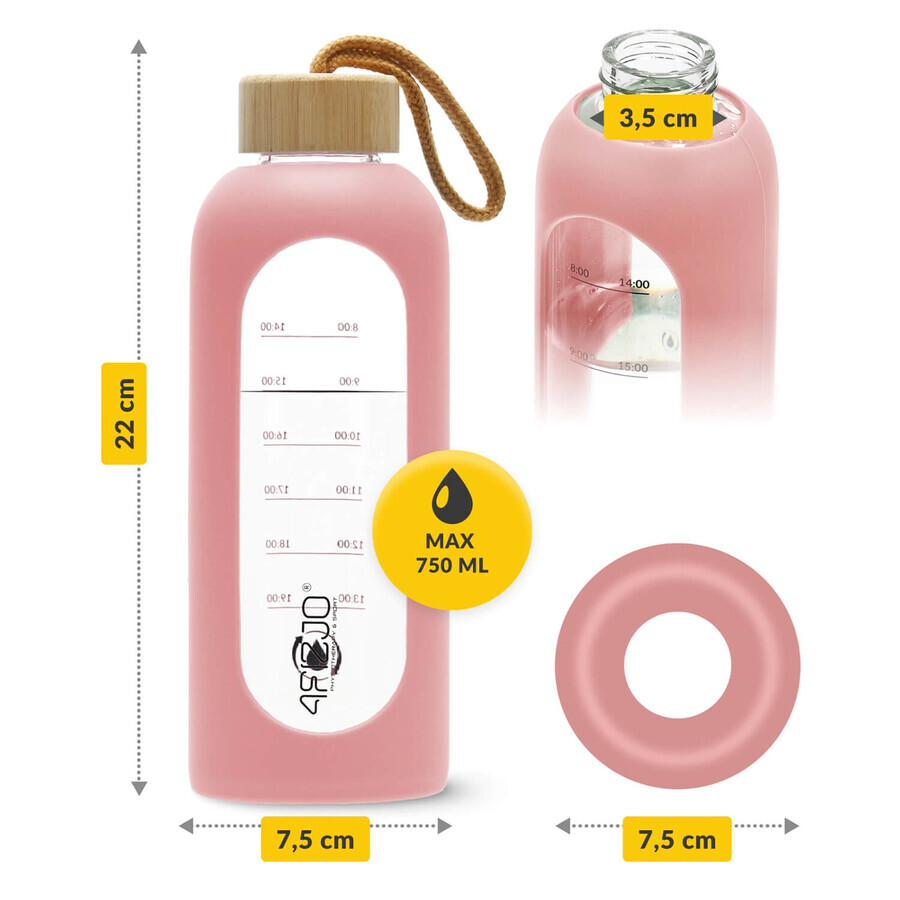 4Fizjo, borraccia in vetro con custodia in silicone, motivazionale, rosa, 750 ml