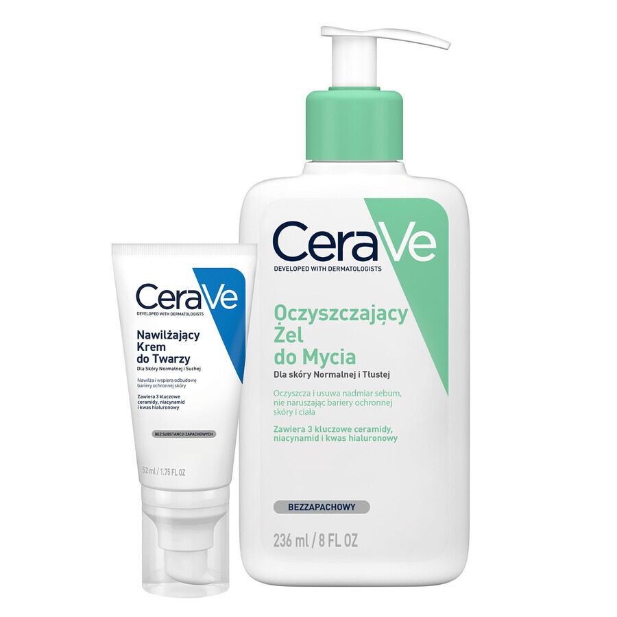 CeraVe set, hydraterende gezichtscrème met ceramiden, normale en droge huid, 52 ml + reinigende reinigingsgel met ceramiden, normale en vette huid, 236 ml