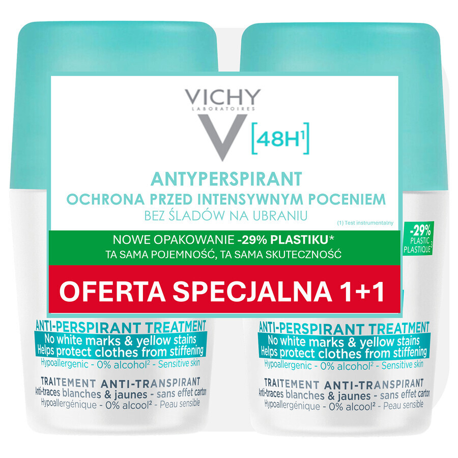 Vichy, roll-on antitraspirante 48h, contro le macchie sui vestiti, 2 x 50 ml