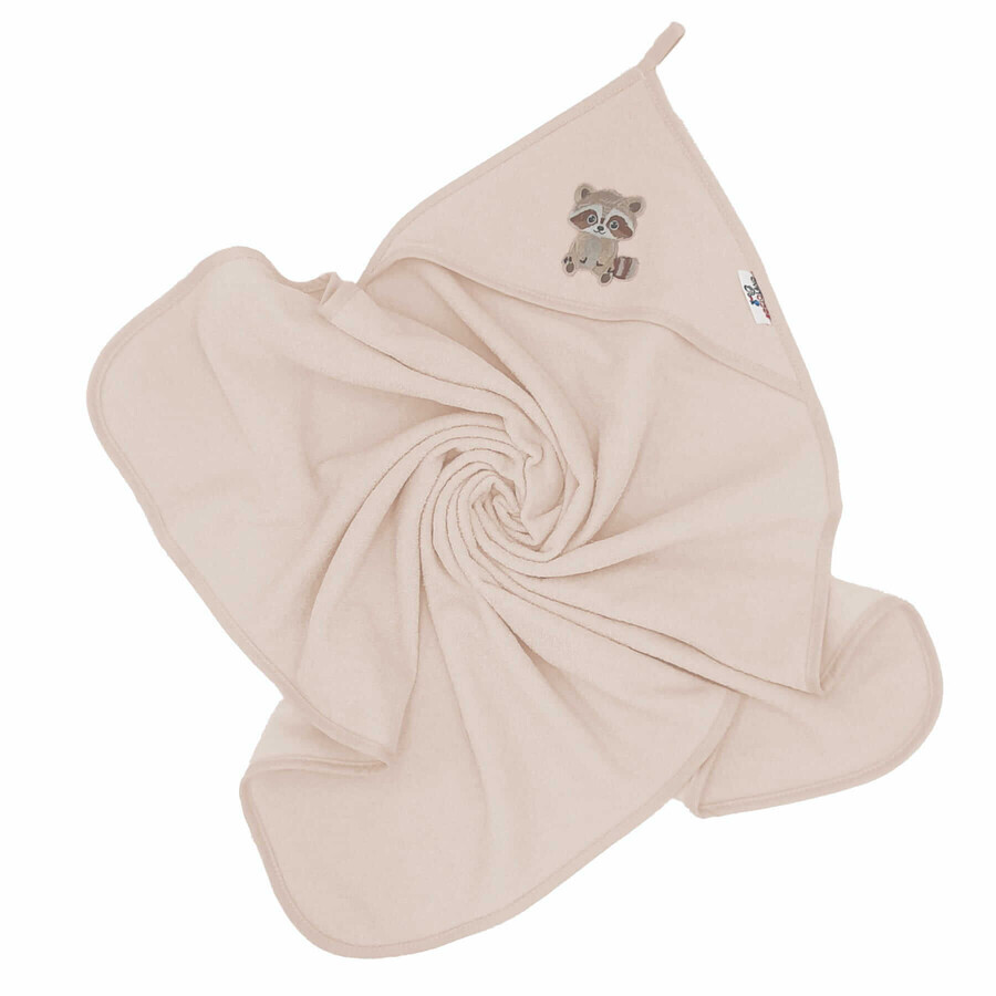Bocioland, bath cover, 80 x 80 cm, 100% cotton, hooded towel, color beige, raccoon, 1 piece
