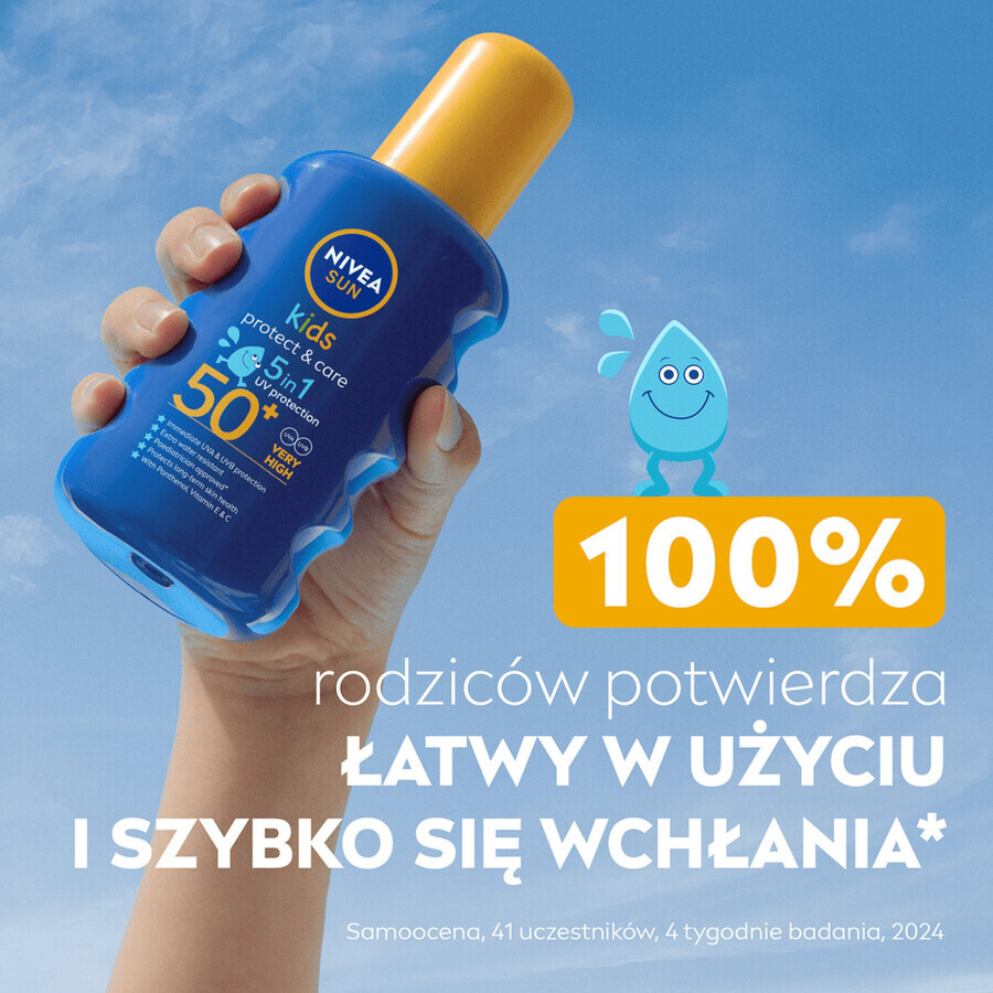 Nivea Sun Kids Protect & Care 5in1, spray de protecție solară pentru copii, cu decolorare, SPF 50+, 200 ml + joc Dobble gratuit
