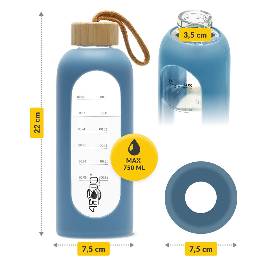 4Fizjo, bouteille d'eau en verre avec étui en silicone, motivante, bleue, 750 ml