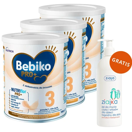 Set Bebiko Pro+ 3 Nutriflor Pro+, modifizierte Milch, ab 1 Jahr, 3 x 700 g + Ziajka, Körper- und Haarwaschgel für Kinder, ab 6 Monate, 400 ml gratis