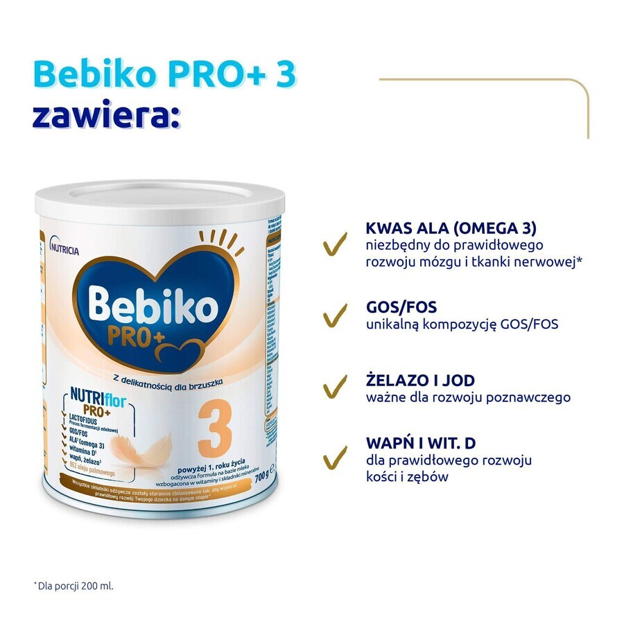 Set Bebiko Pro+ 3 Nutriflor Pro+, latte modificato, oltre 1 anno, 3 x 700 g + Ziajka, gel lavante per corpo e capelli per bambini, oltre 6 mesi, 400 ml in omaggio