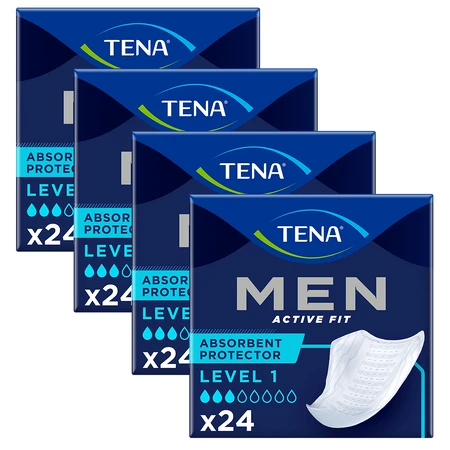 Set Tena Men Active Fit, semelles anatomiques pour hommes, niveau 1, 4 x 24 pièces