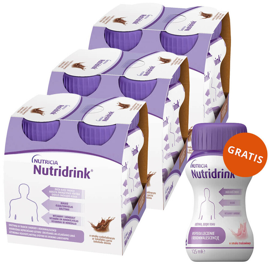 Set Nutridrink, preparato nutrizionale, gusto cioccolato, 12 x 125 ml + gusto fragola, 125 ml gratis