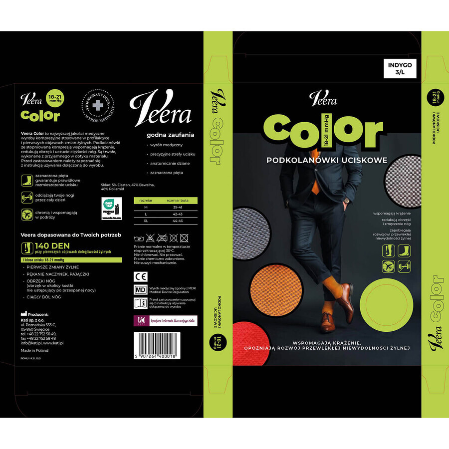 Veera Color, chaussettes de compression au genou pour hommes, 18-21 mmHg, indigo, taille L